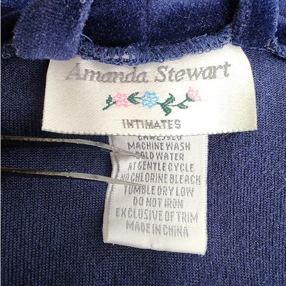 Vintage 80s Amanda Stewart Embroidered Velvet Long Wrap Robe Size M Blue Pockets - Picture 4 of 9